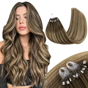 MAXITA Microlink Hair Extensions Human Hair Balayage Dark Brown Mixed Chestnut Brown Micro Bead Hair Extensions Virgin Human Hair, 50g/50 Strands/Pack, 14 In