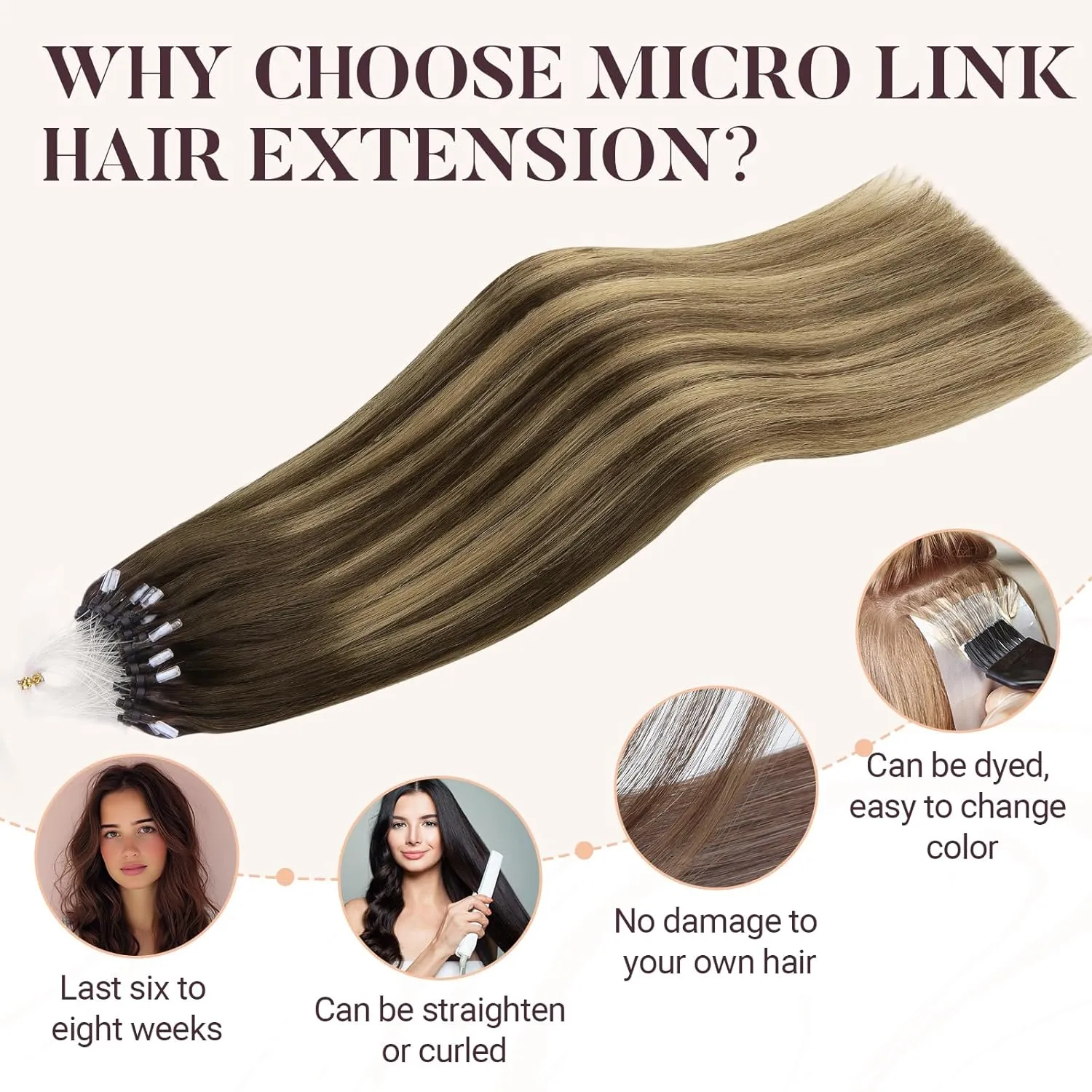 MAXITA Microlink Hair Extensions Human Hair Balayage Dark Brown Mixed Chestnut Brown Micro Bead Hair Extensions Virgin Human Hair, 50g/50 Strands/Pack, 14 In