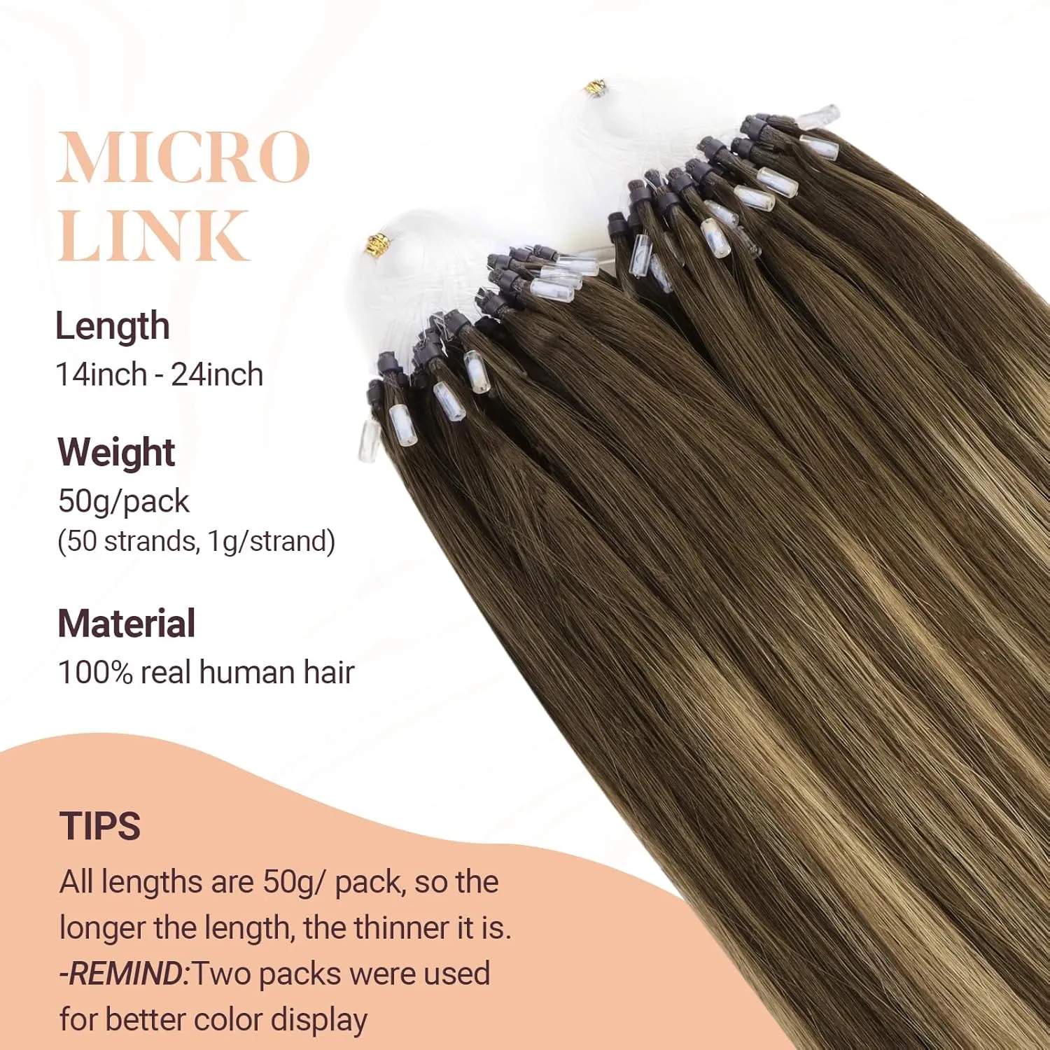 MAXITA Microlink Hair Extensions Human Hair Balayage Dark Brown Mixed Chestnut Brown Micro Bead Hair Extensions Virgin Human Hair, 50g/50 Strands/Pack, 14 In