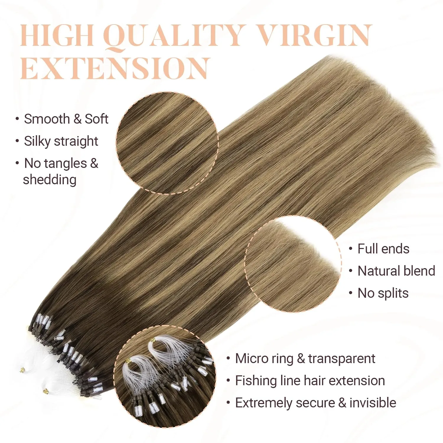 MAXITA Microlink Hair Extensions Human Hair Balayage Dark Brown Mixed Chestnut Brown Micro Bead Hair Extensions Virgin Human Hair, 50g/50 Strands/Pack, 14 In