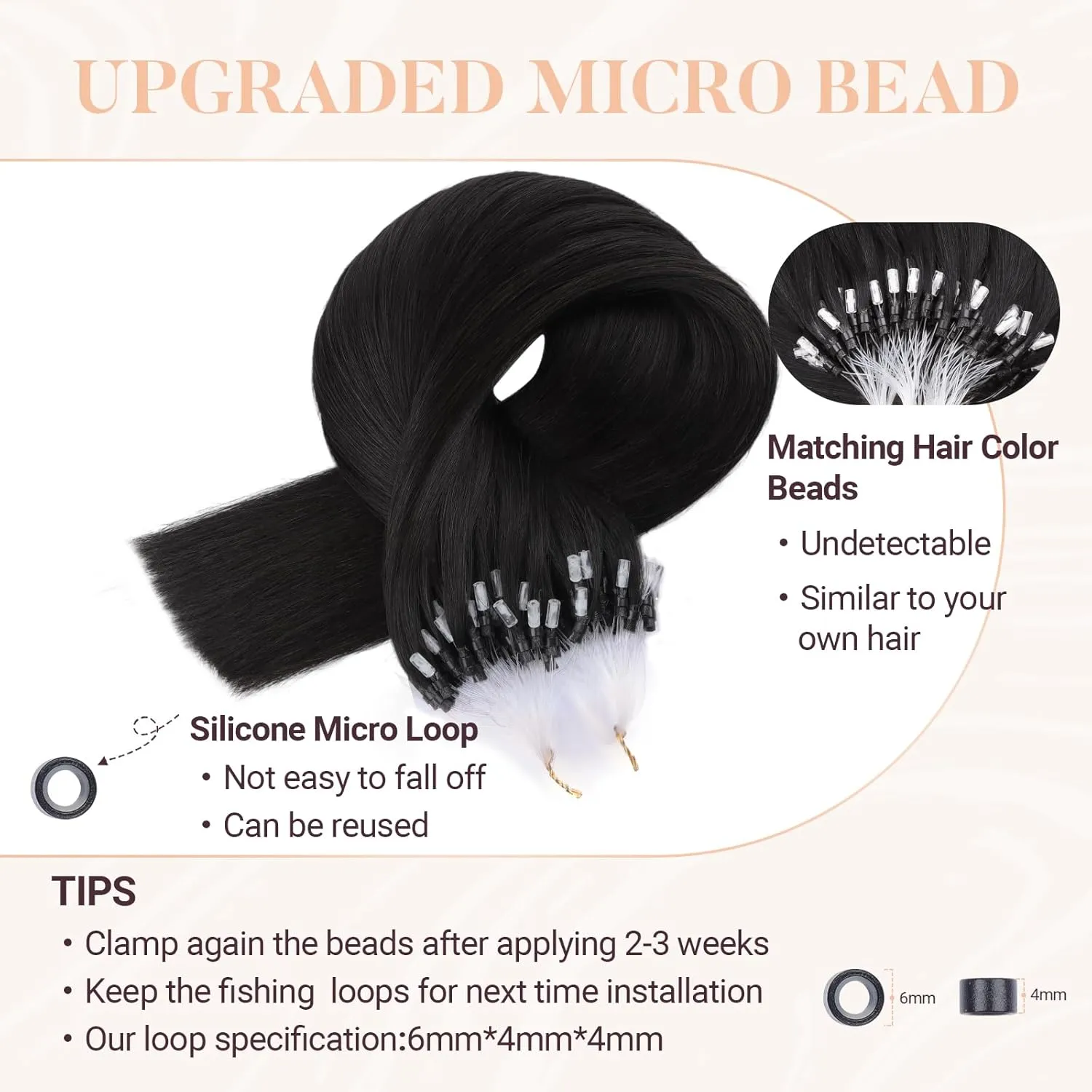 MAXITA Microlink Hair Extensions Human Hair Natural Black Micro Bead Hair Extensions Virgin Human Hair, 50g/50 Strands/Pack, 24 In