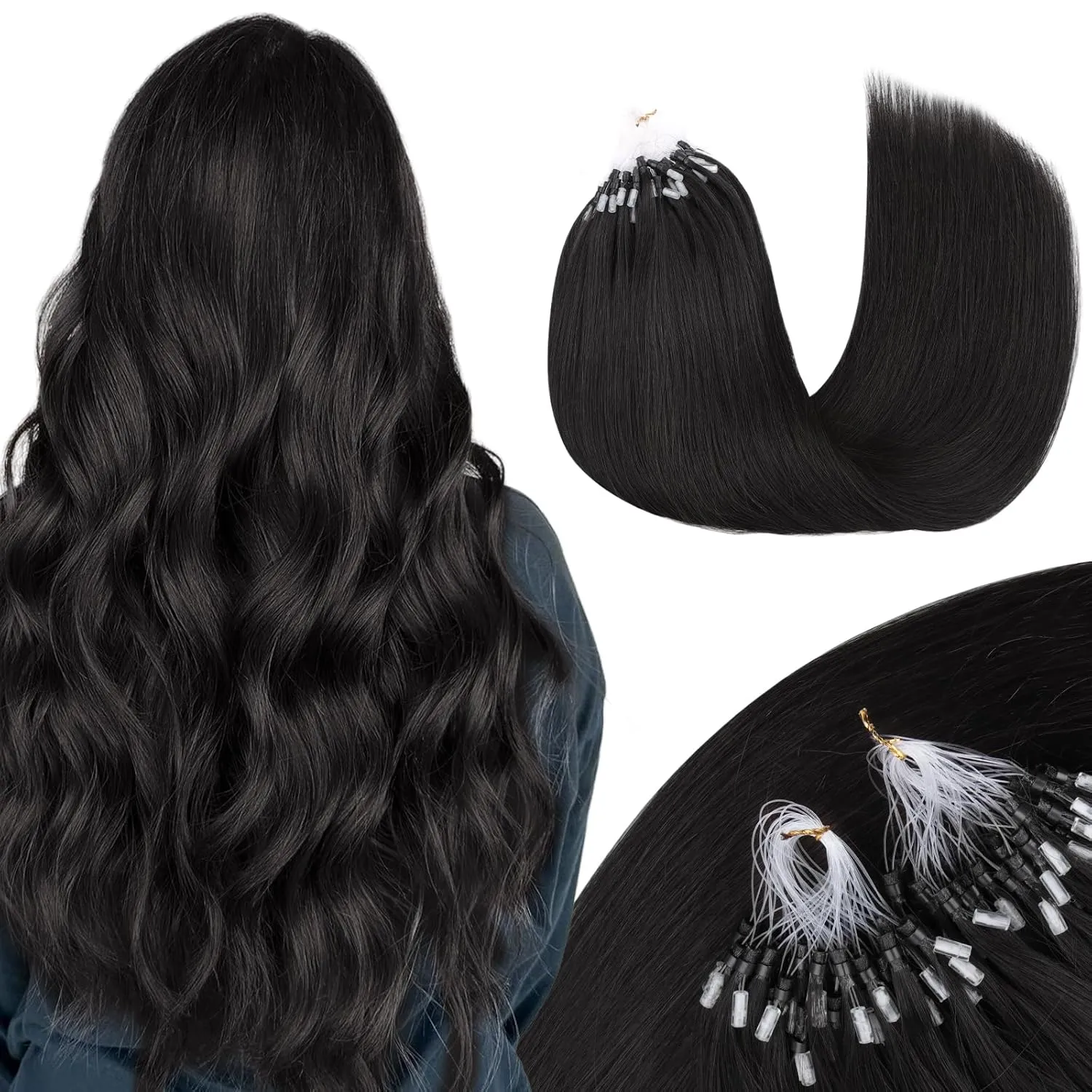 MAXITA Microlink Hair Extensions Human Hair Natural Black Micro Bead Hair Extensions Virgin Human Hair, 50g/50 Strands/Pack, 24 In
