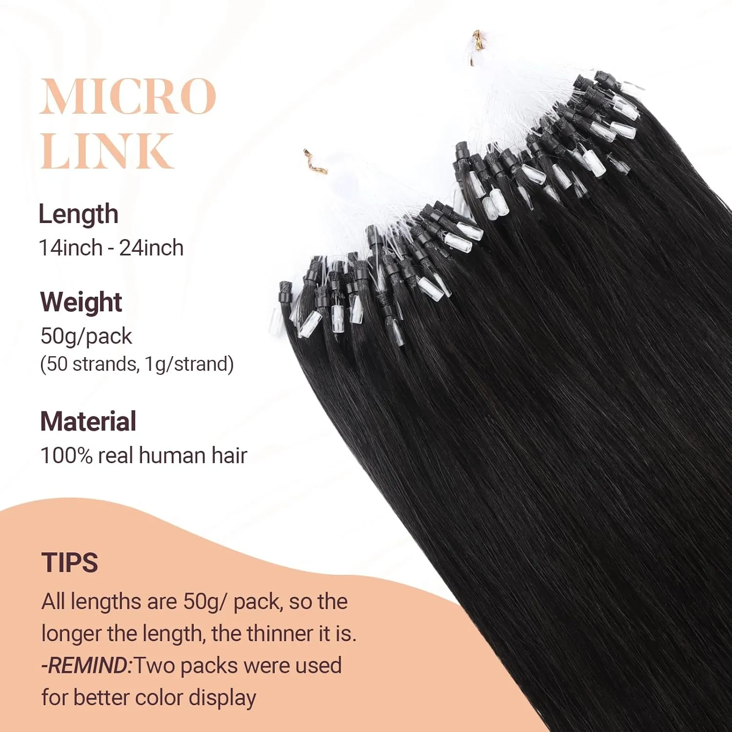 MAXITA Microlink Hair Extensions Human Hair Natural Black Micro Bead Hair Extensions Virgin Human Hair, 50g/50 Strands/Pack, 24 In