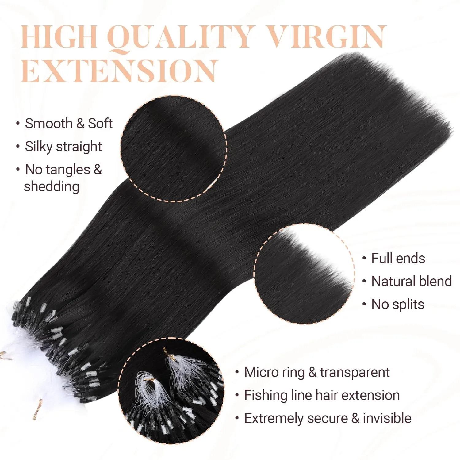 MAXITA Microlink Hair Extensions Human Hair Natural Black Micro Bead Hair Extensions Virgin Human Hair, 50g/50 Strands/Pack, 24 In