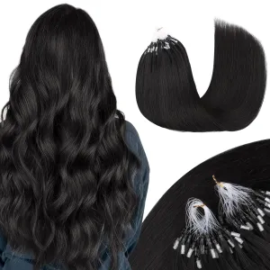 MAXITA Microlink Hair Extensions Human Hair Natural Black Micro Bead Hair Extensions Virgin Human Hair, 50g/50 Strands/Pack, 24 In