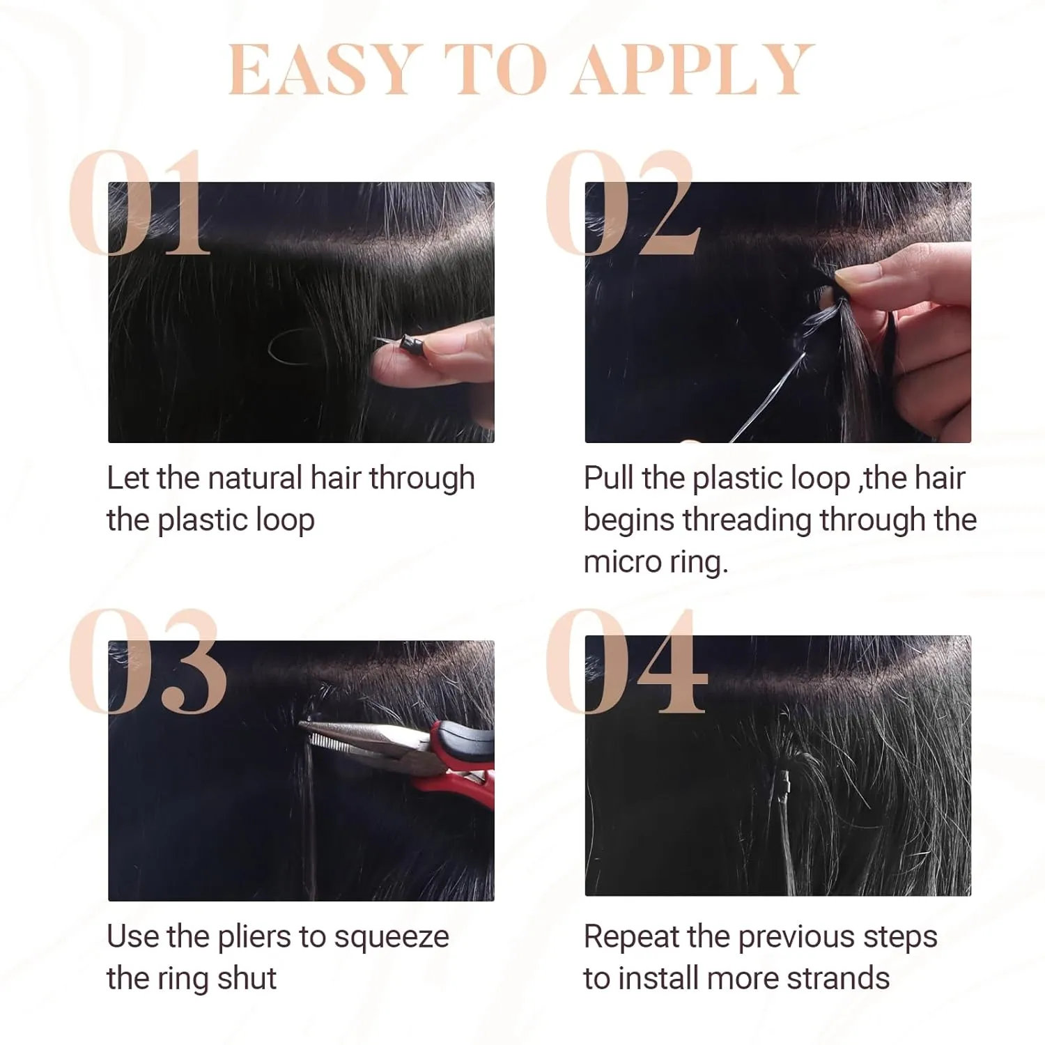 MAXITA Microlink Hair Extensions Human Hair Natural Black Micro Bead Hair Extensions Virgin Human Hair, 50g/50 Strands/Pack, 24 In