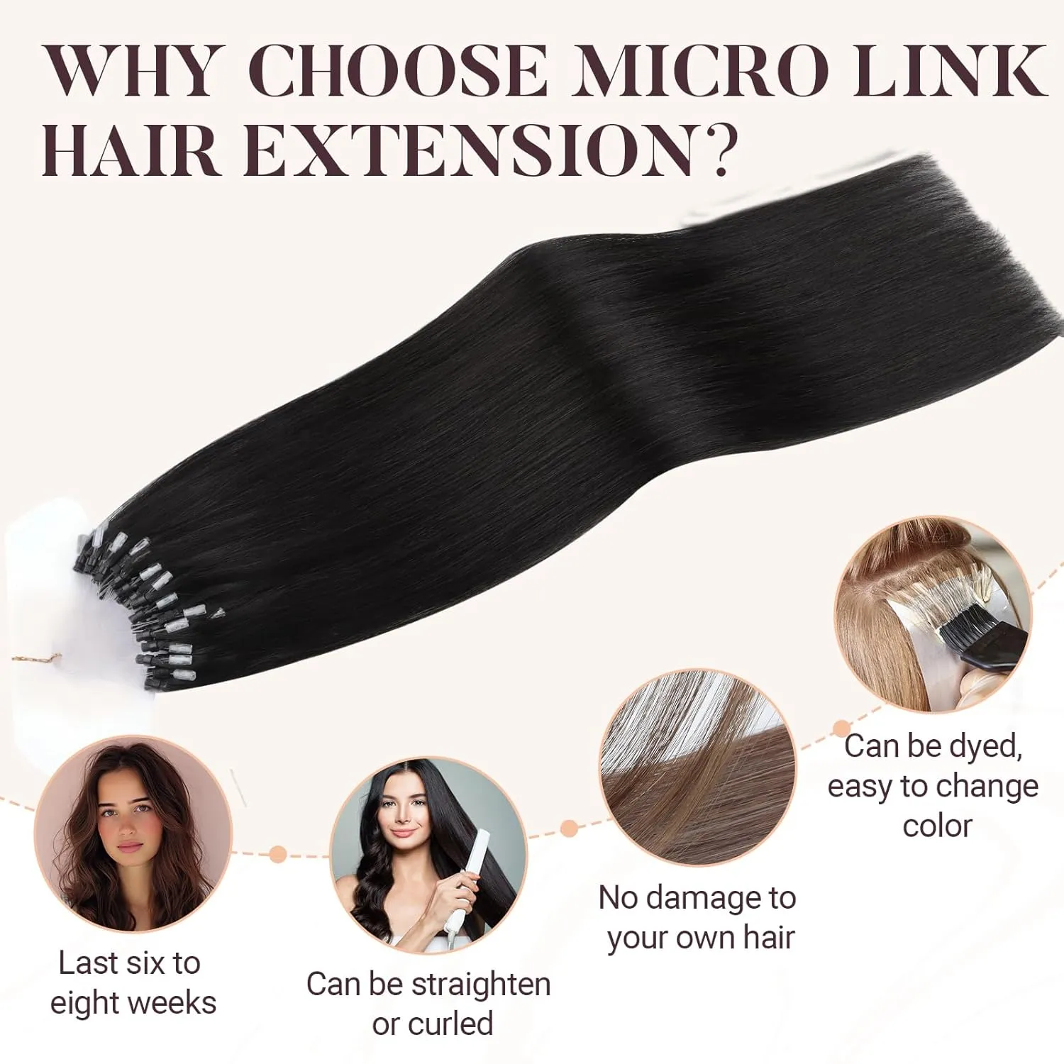MAXITA Microlink Hair Extensions Human Hair Natural Black Micro Bead Hair Extensions Virgin Human Hair, 50g/50 Strands/Pack, 24 In