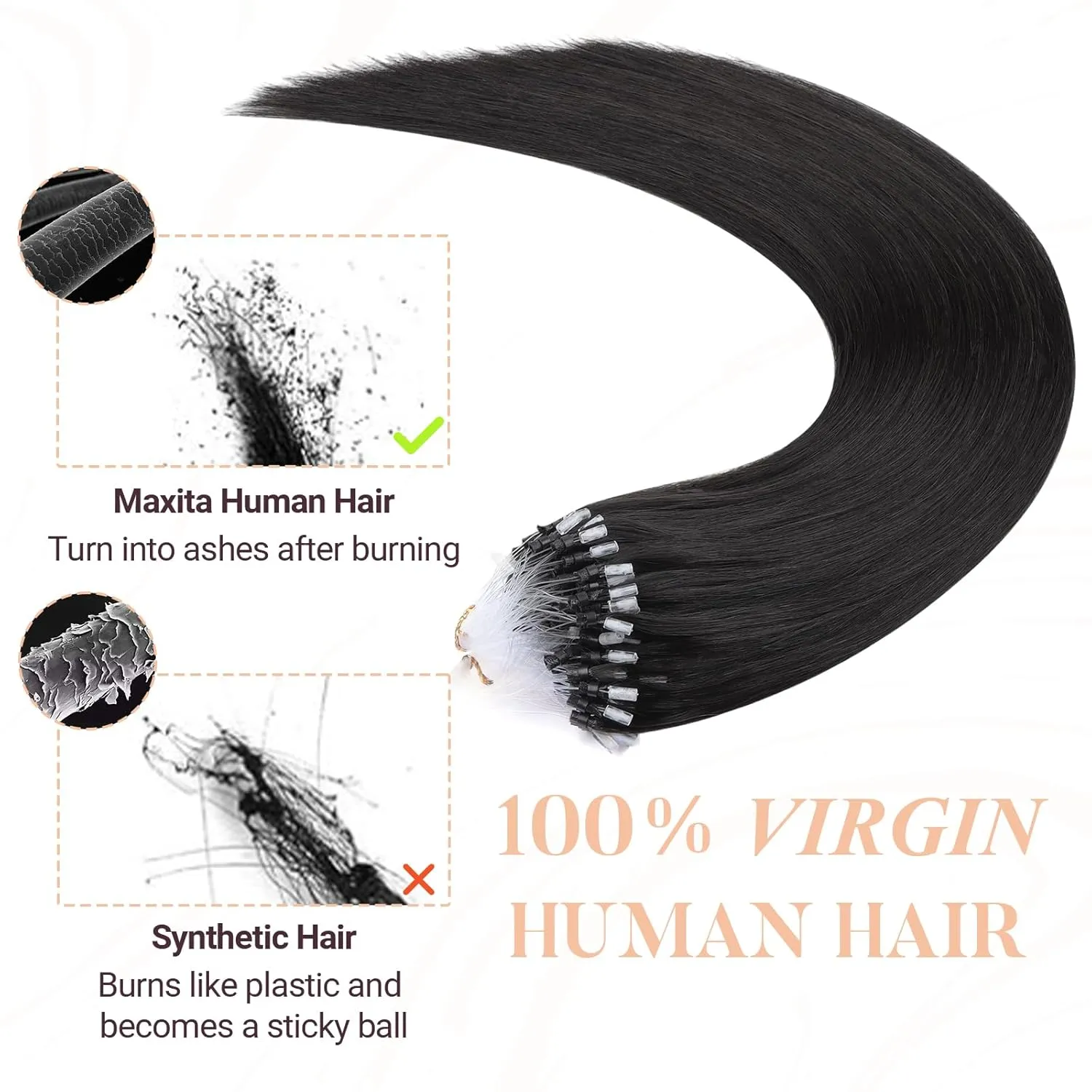 MAXITA Microlink Hair Extensions Human Hair Natural Black Micro Bead Hair Extensions Virgin Human Hair, 50g/50 Strands/Pack, 24 In