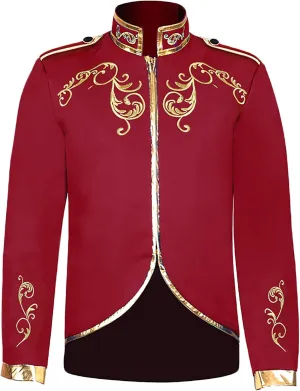 Men Gold Embroidered Jacket Prince Charming Costume Palace Suit Court Uniform Cosplay Officer Medieval,Red-3XL