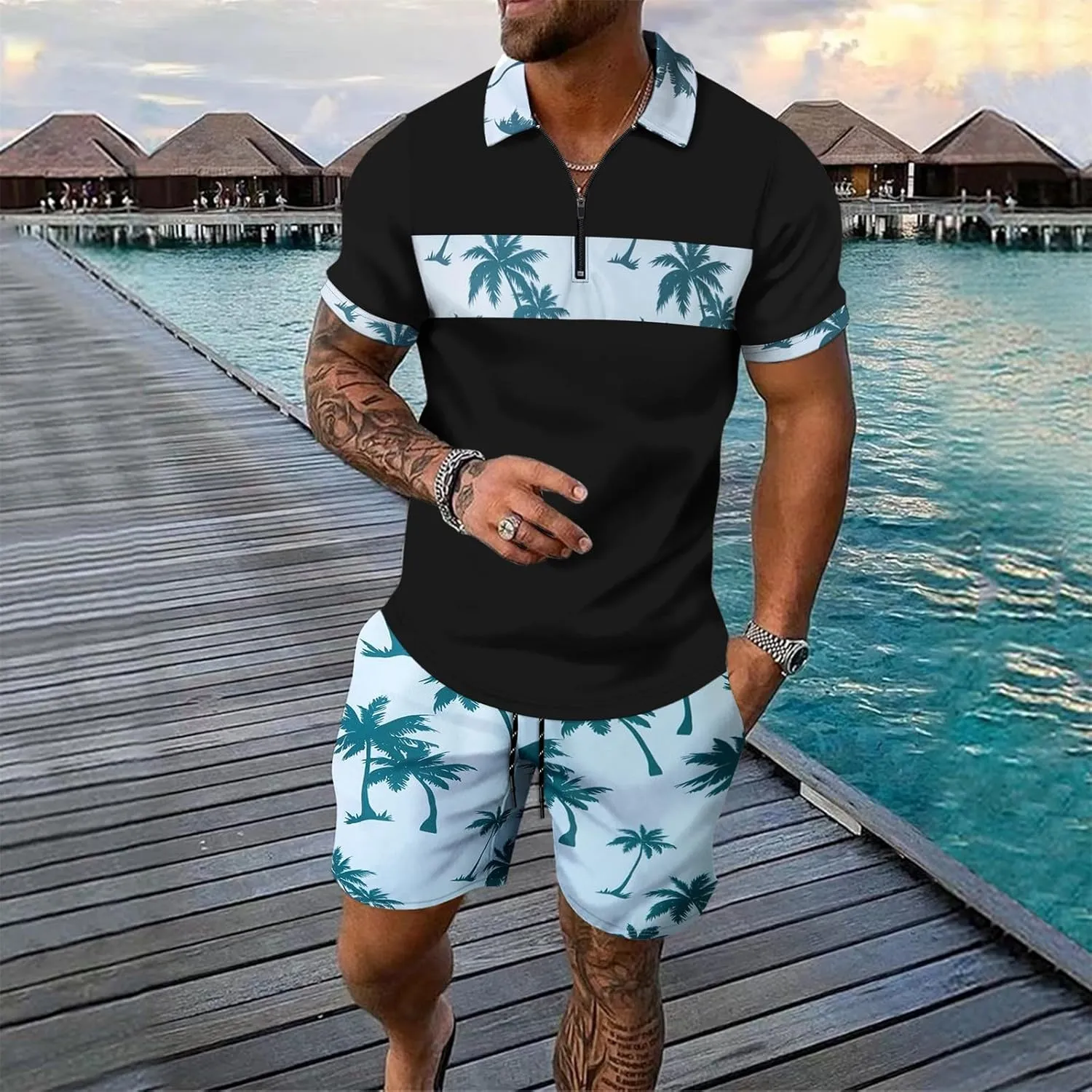 Men's 2 Piece Outfits Fashion Tropical Print Short Sleeve Tees Suit Button Down Hawaiian Shirt and Shorts Sets