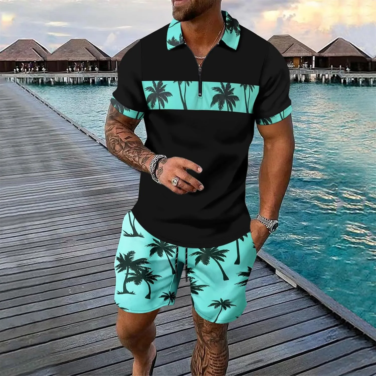 Men's 2 Piece Outfits Fashion Tropical Print Short Sleeve Tees Suit Button Down Hawaiian Shirt and Shorts Sets