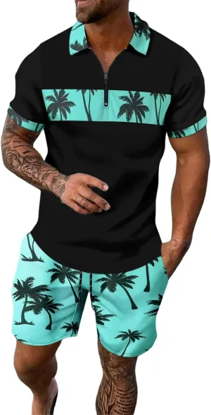 Men's 2 Piece Outfits Fashion Tropical Print Short Sleeve Tees Suit Button Down Hawaiian Shirt and Shorts Sets