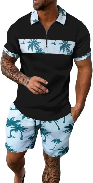 Men's 2 Piece Outfits Fashion Tropical Print Short Sleeve Tees Suit Button Down Hawaiian Shirt and Shorts Sets