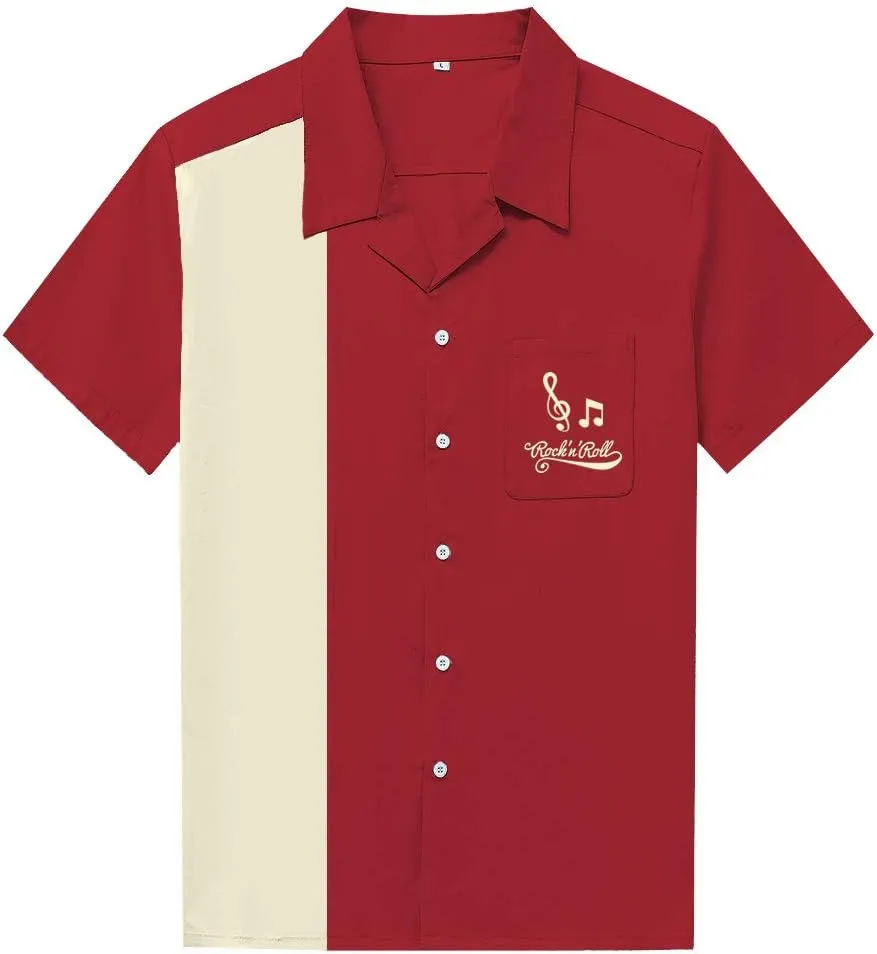 Men's 50s Male Clothing Cotton Men Shirts Short Sleeve Vintage Fifties Bowling Casual Button-Down Shirts