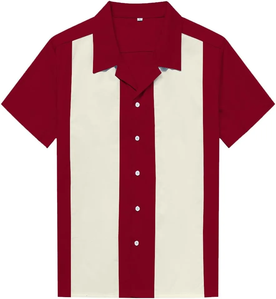 Men's 50s Male Clothing Rockabilly Style Cotton Mens Shirts Short Sleeve Fifties Bowling Casual Button-Down Shirts