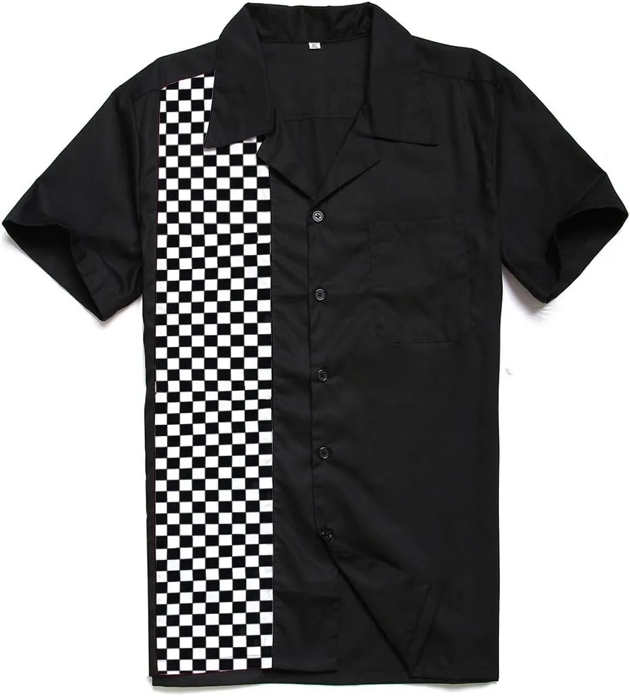 Men's 50s Male Clothing Rockabilly Style Cotton Mens Shirts Short Sleeve Fifties Bowling Casual Button-Down Shirts