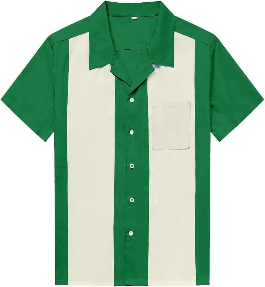 Men's 50s Retro Camp Rockabilly Style Cotton Mens Shirts Short Sleeve Fifties Bowling Casual Dress Shirts