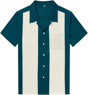Men's 50s Retro Camp Rockabilly Style Cotton Mens Shirts Short Sleeve Fifties Bowling Casual Dress Shirts