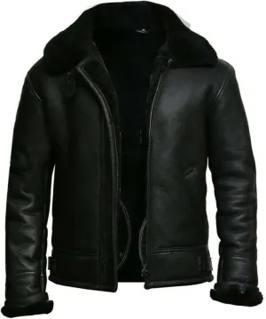 Men's B3 Aviator Raf Fight Pilot Real Fur Shearling Removeable Hood Belted Bomber Sheepskin Leather Jacket