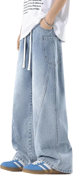 Men's Elastic Waist Baggy Jeans Y2K Wide Leg Loose Fit Denim Pants Hip Hop Skater Jeans with Multiple Pockets