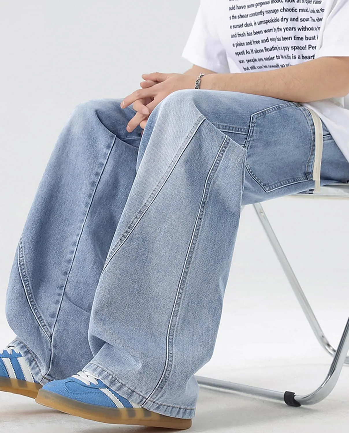 Men's Elastic Waist Baggy Jeans Y2K Wide Leg Loose Fit Denim Pants Hip Hop Skater Jeans with Multiple Pockets