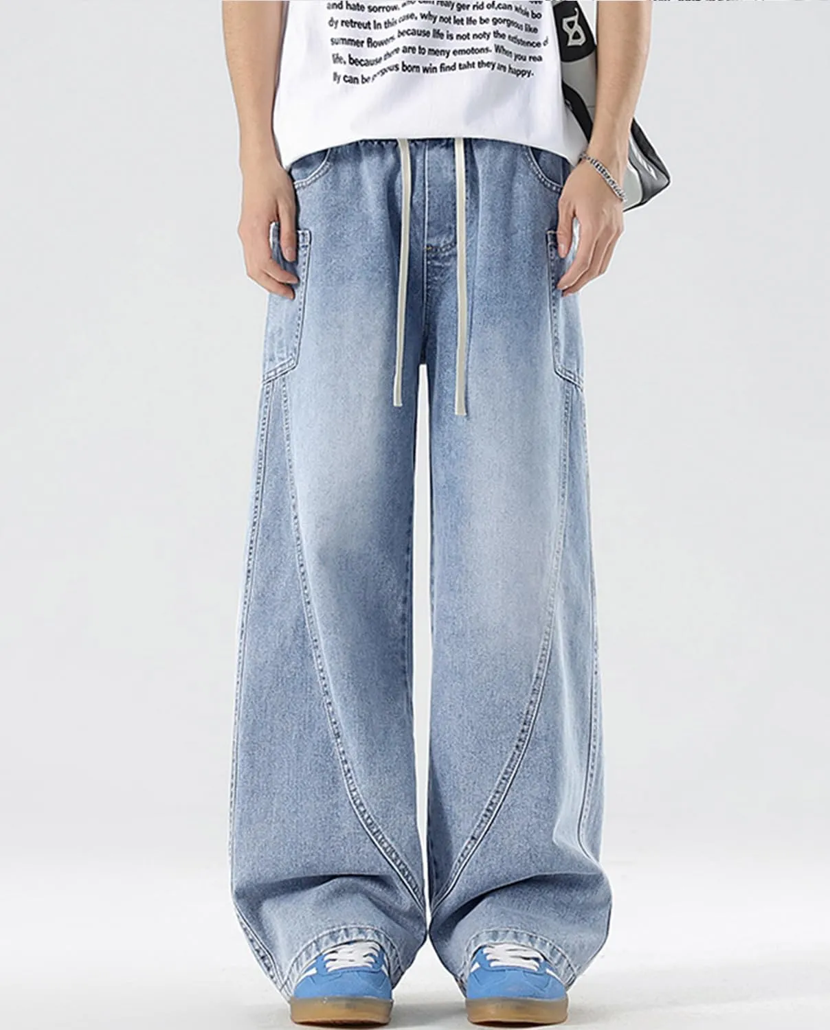 Men's Elastic Waist Baggy Jeans Y2K Wide Leg Loose Fit Denim Pants Hip Hop Skater Jeans with Multiple Pockets