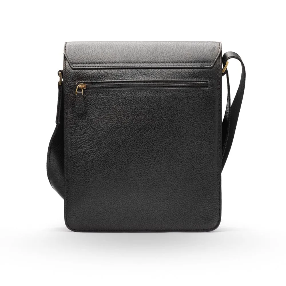 Men's Leather Messenger Bag With Buckle - Black Pebble Grain
