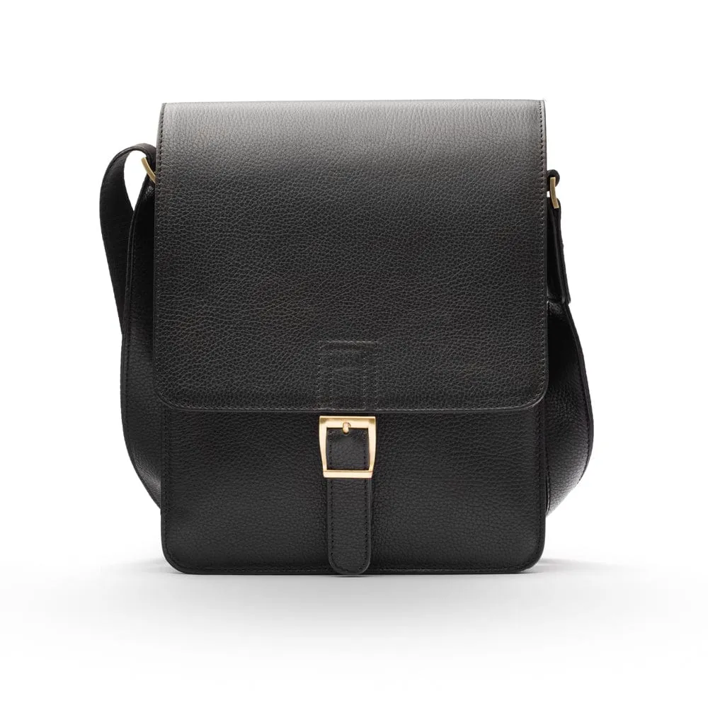 Men's Leather Messenger Bag With Buckle - Black Pebble Grain