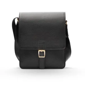 Men's Leather Messenger Bag With Buckle - Black Pebble Grain