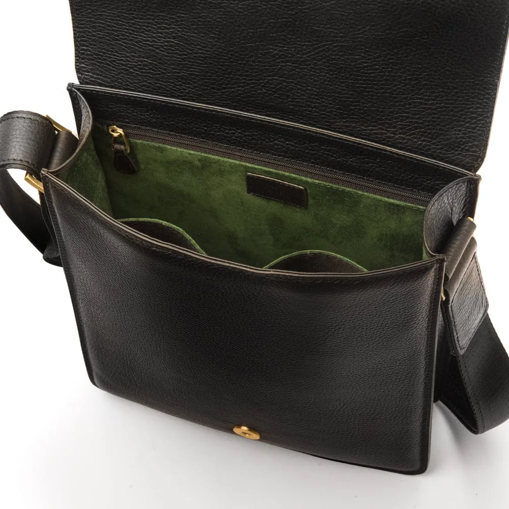 Men's Leather Messenger Bag With Buckle - Black Pebble Grain