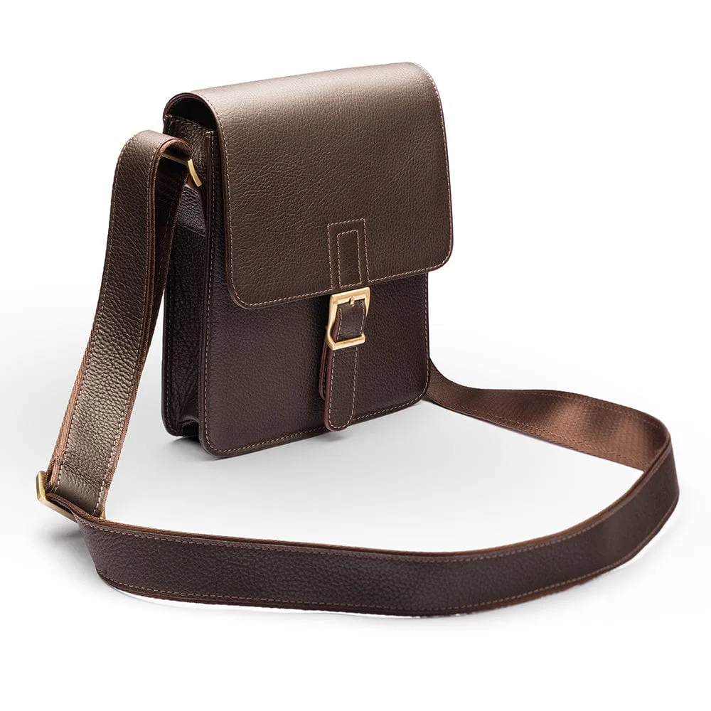 Men's Leather Messenger Bag With Buckle - Brown Pebble Grain