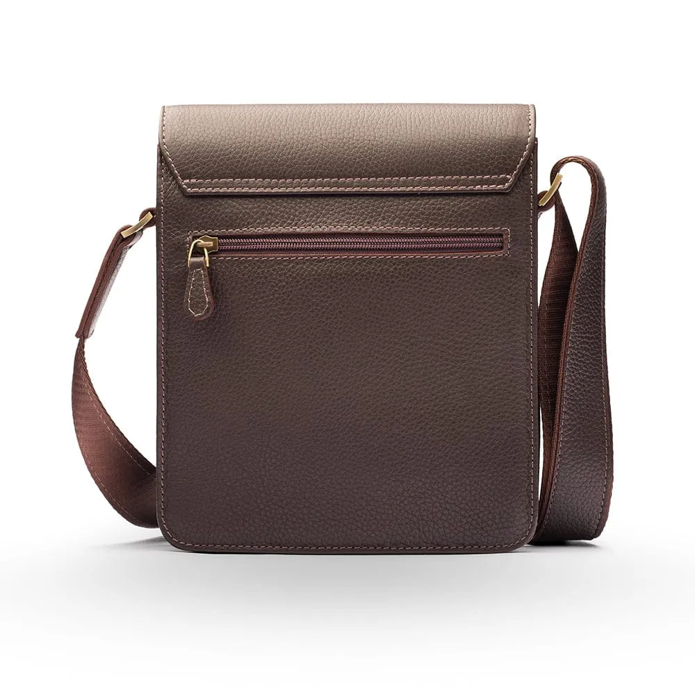 Men's Leather Messenger Bag With Buckle - Brown Pebble Grain