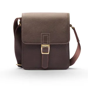 Men's Leather Messenger Bag With Buckle - Brown Pebble Grain