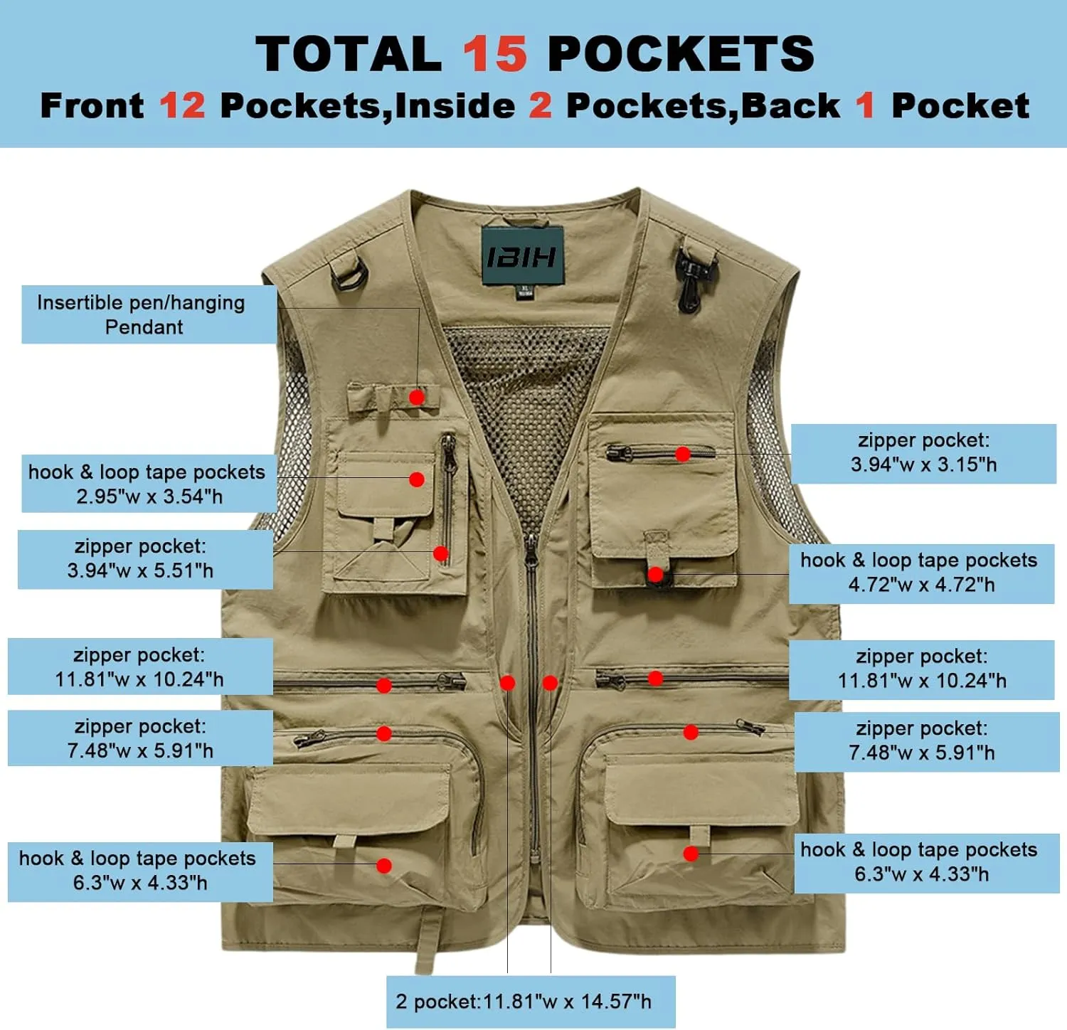 Mens Outdoor Vest Breathable Quick-Dry Fishing Vest Camping Hiking Lightweight Vest with Multi-Pocket