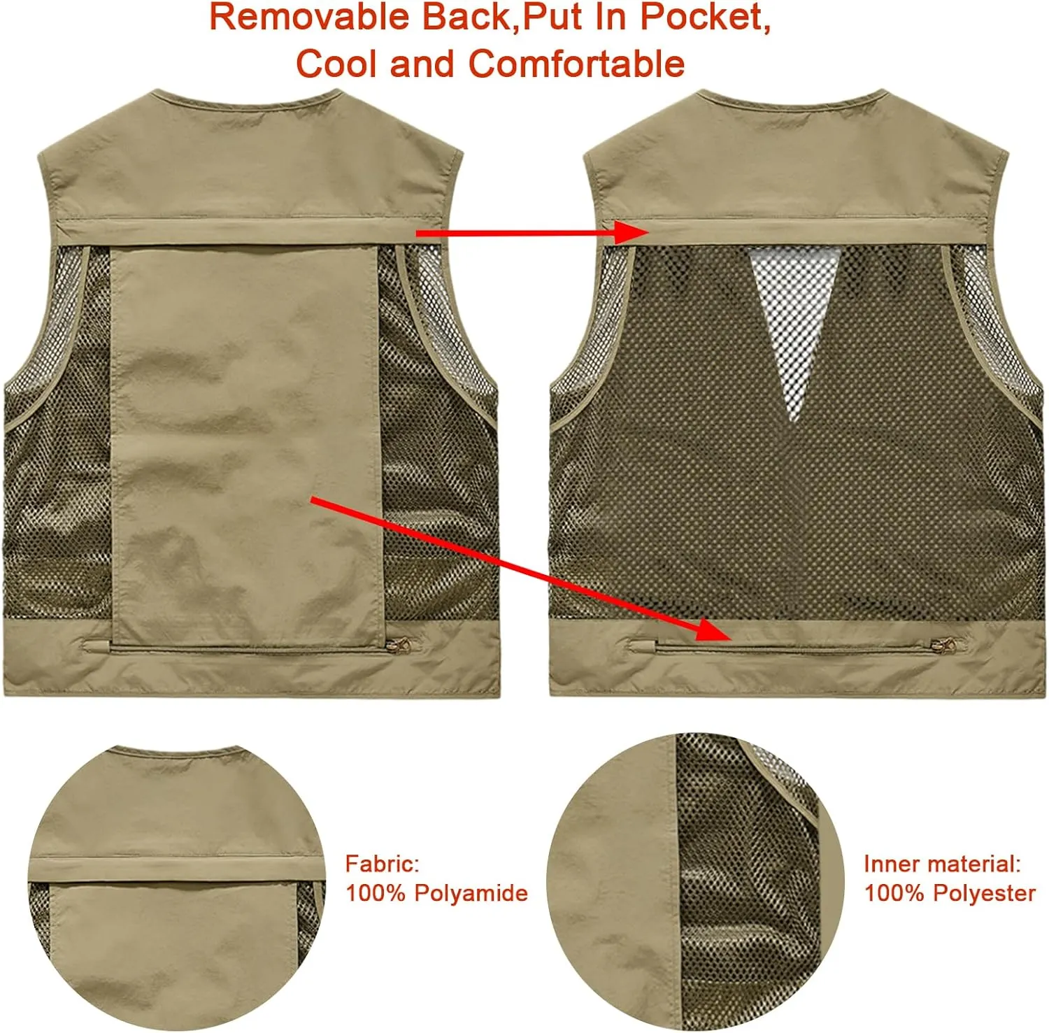 Mens Outdoor Vest Breathable Quick-Dry Fishing Vest Camping Hiking Lightweight Vest with Multi-Pocket