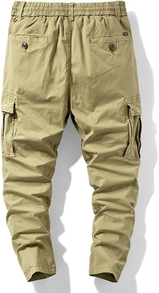 Men's Regular Fit Tactical Cargo Pants Drawstring Cotton Multi Pockets Work Trousers