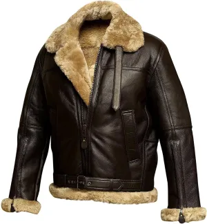 Men's Sheepskin Leather Jacket Sheepskin Leather Winter Aviator Jacket in Vintage Sheepskin Leather (Color : Brown, Size : Small)