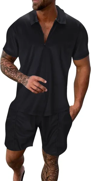 Mens Short Sets Outfits 2 Piece Summer Tracksuit, Men's Short Sleeve Polo Shirt And Short Sets Summer Outfits For Men