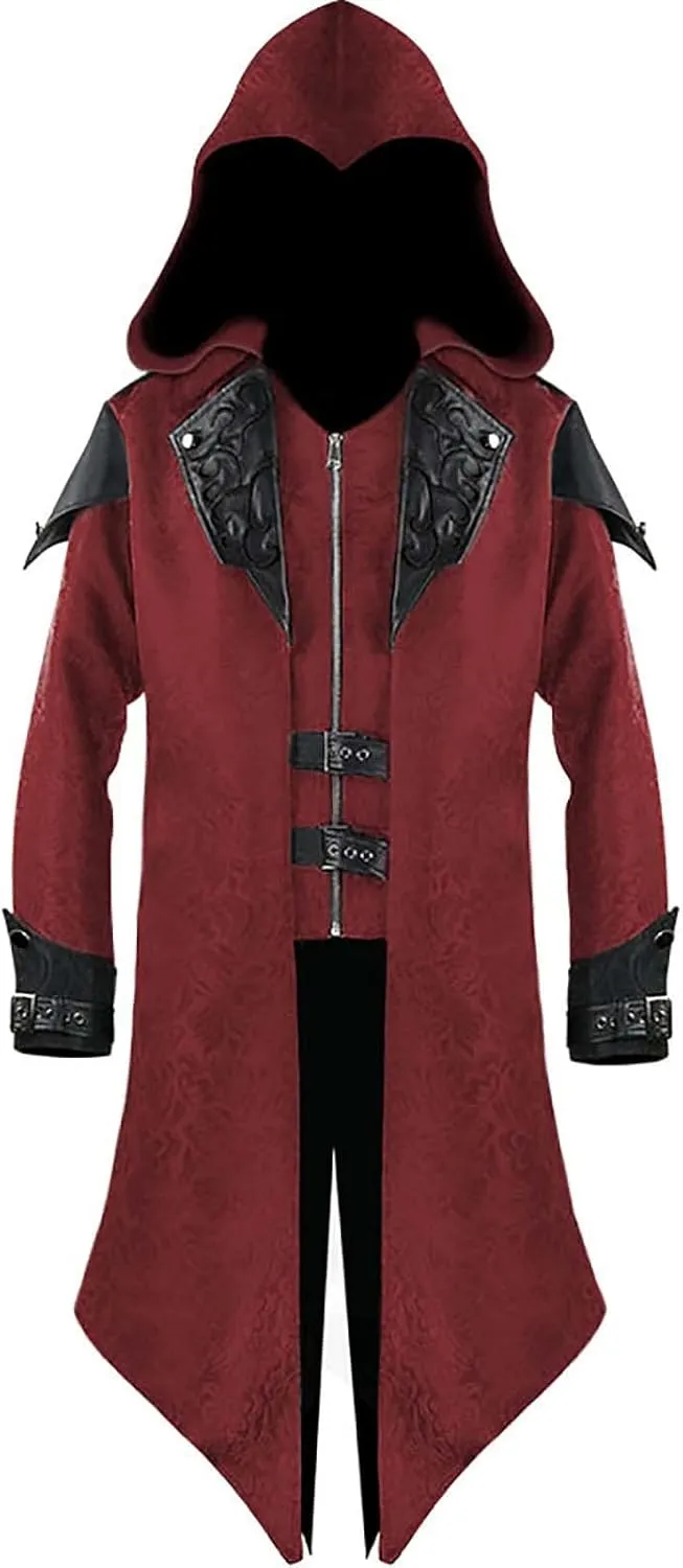 Men's Steampunk Gothic Jacket Victorian Renaissance Hoodie Cape Vintage Medieval Coat Zipper Punk Jacket Frock Coat