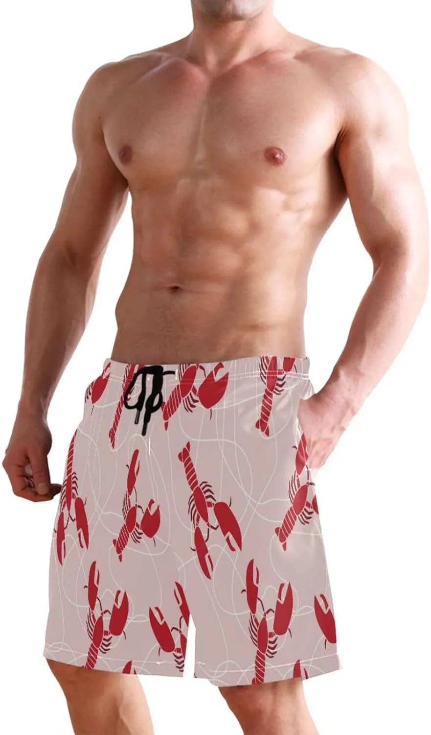 Men's Swim Trunks Quick Dry Swimming Shorts with Pocket Red Flat Lobster Swimsuit Trunks