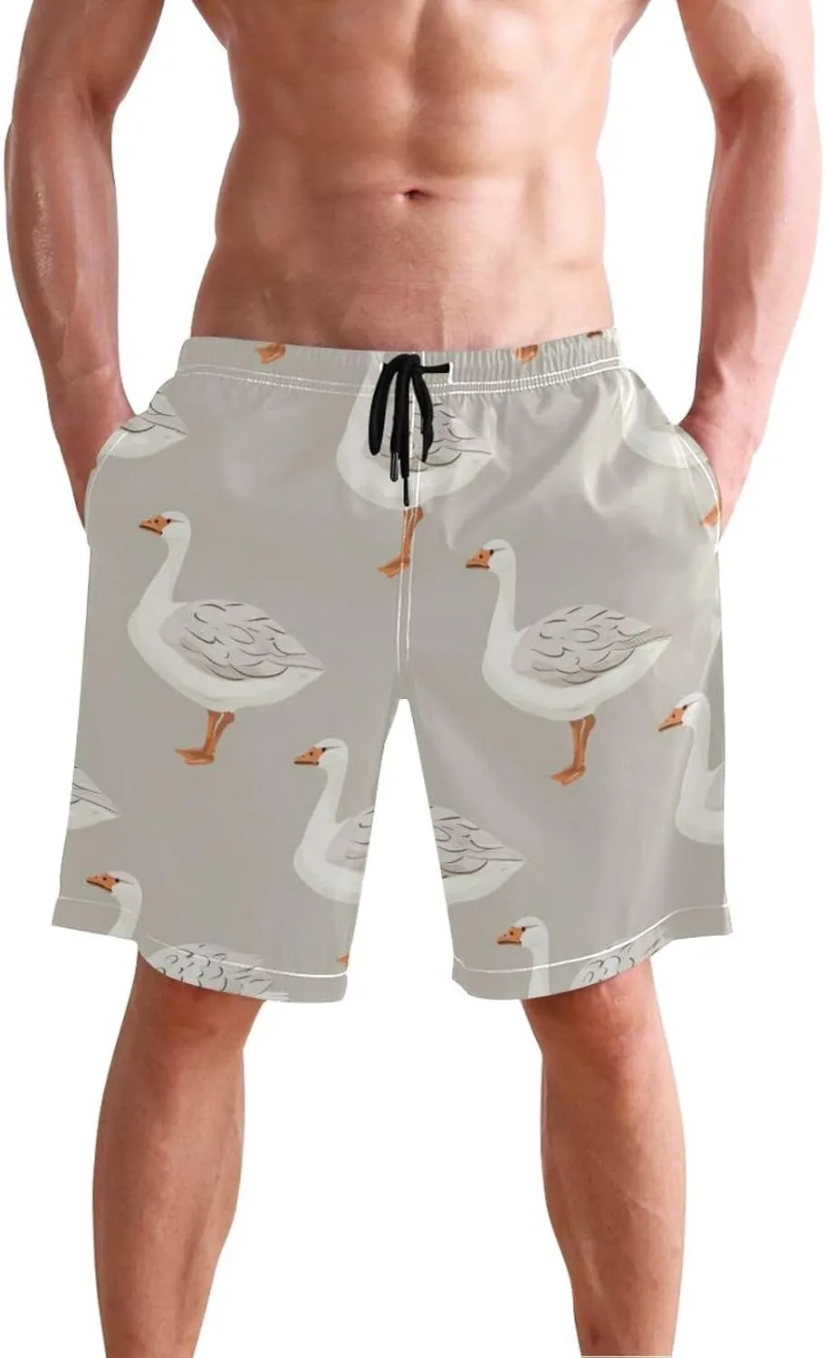 Men’s Swim Trunks White Grey Gooses Beach Board Shorts Swimming Short Pants Running Sports Surffing Shorts