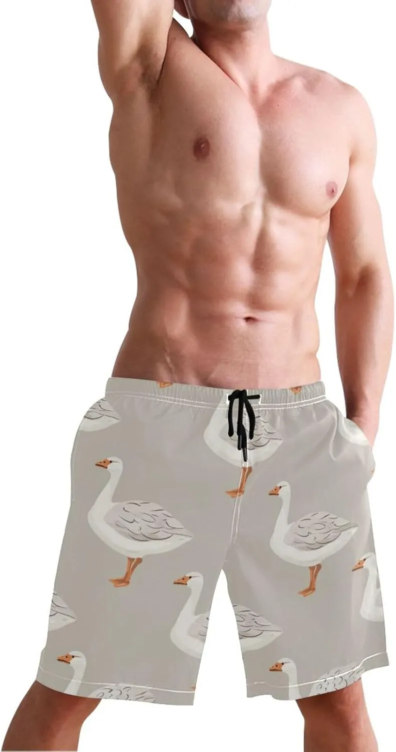 Men’s Swim Trunks White Grey Gooses Beach Board Shorts Swimming Short Pants Running Sports Surffing Shorts