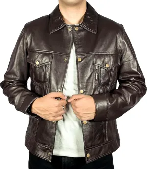 Men’s Vintage Lambskin Leather Trucker Classic Shirt Collar Style Motorcycle Cowboy Jacket