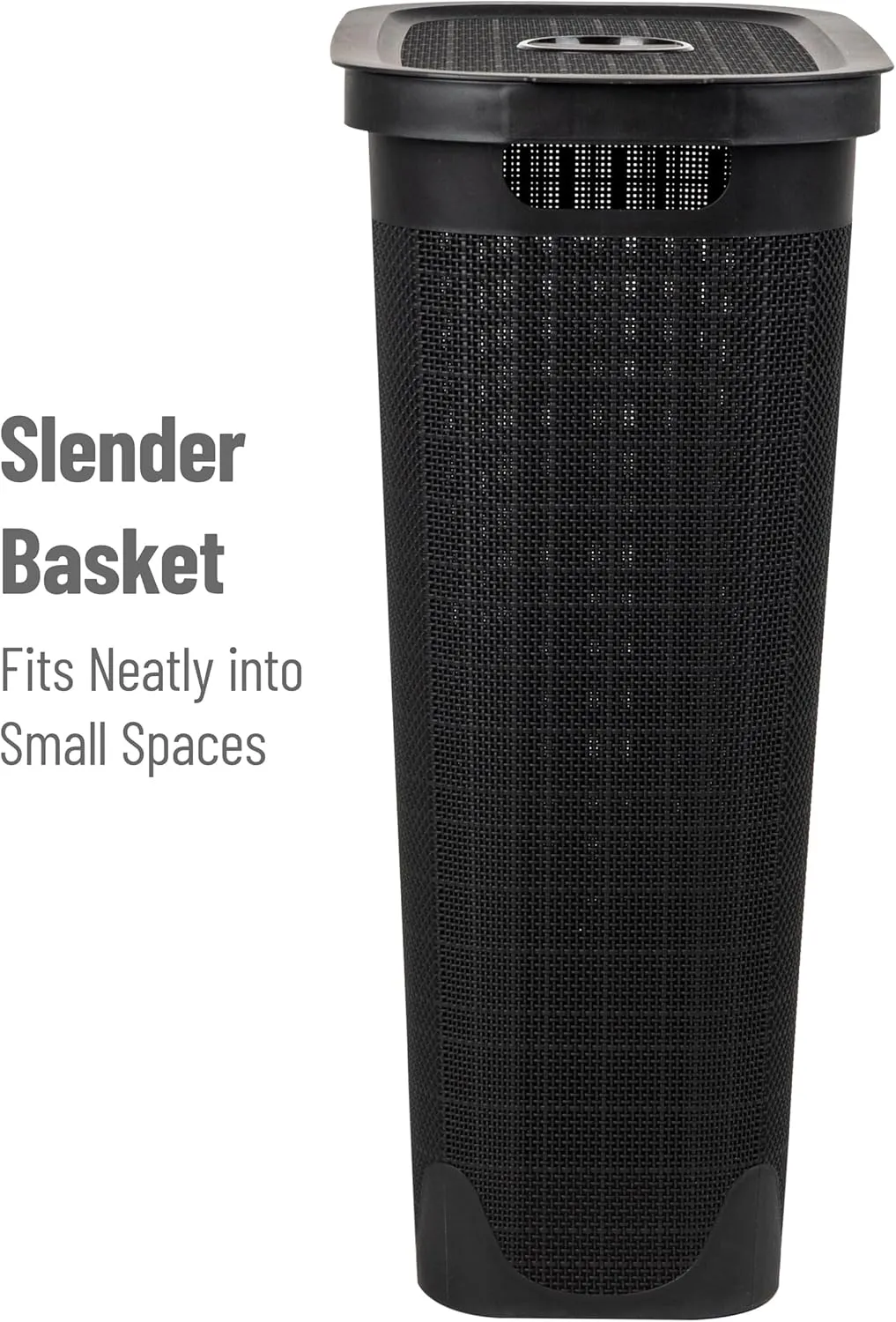 Mind Reader 40L Slim Laundry Hamper, Clothes Basket, Lid, Linen Design, Plastic, 18.5”L x 10.75”W x 23.5”H, Black