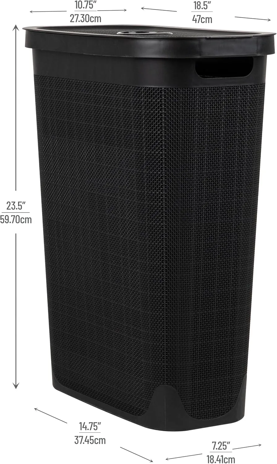 Mind Reader 40L Slim Laundry Hamper, Clothes Basket, Lid, Linen Design, Plastic, 18.5”L x 10.75”W x 23.5”H, Black