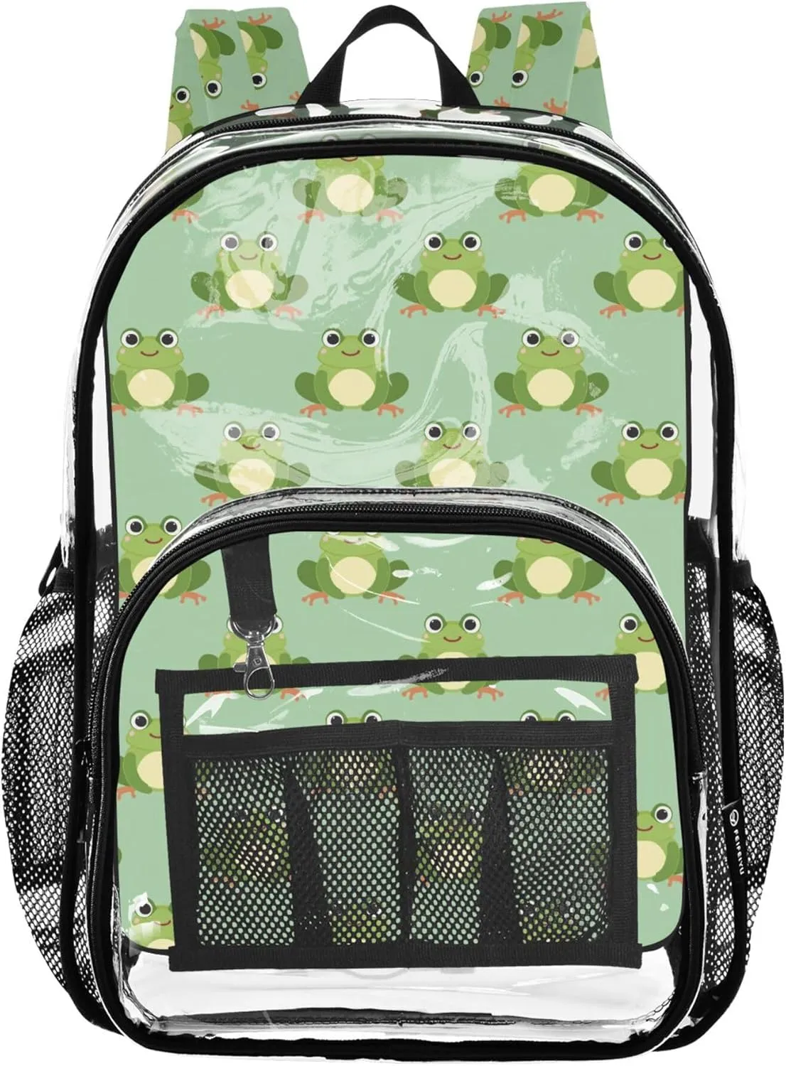 MNSRUU Large Clear Backpack for School Stadium Concerts Sports Events Cute Frog Transparent Heavy-Duty PVC Backpack with Adjustable Straps, See-Through Bag Multiple Compartments