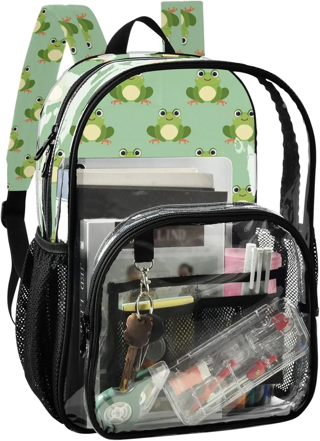 MNSRUU Large Clear Backpack for School Stadium Concerts Sports Events Cute Frog Transparent Heavy-Duty PVC Backpack with Adjustable Straps, See-Through Bag Multiple Compartments