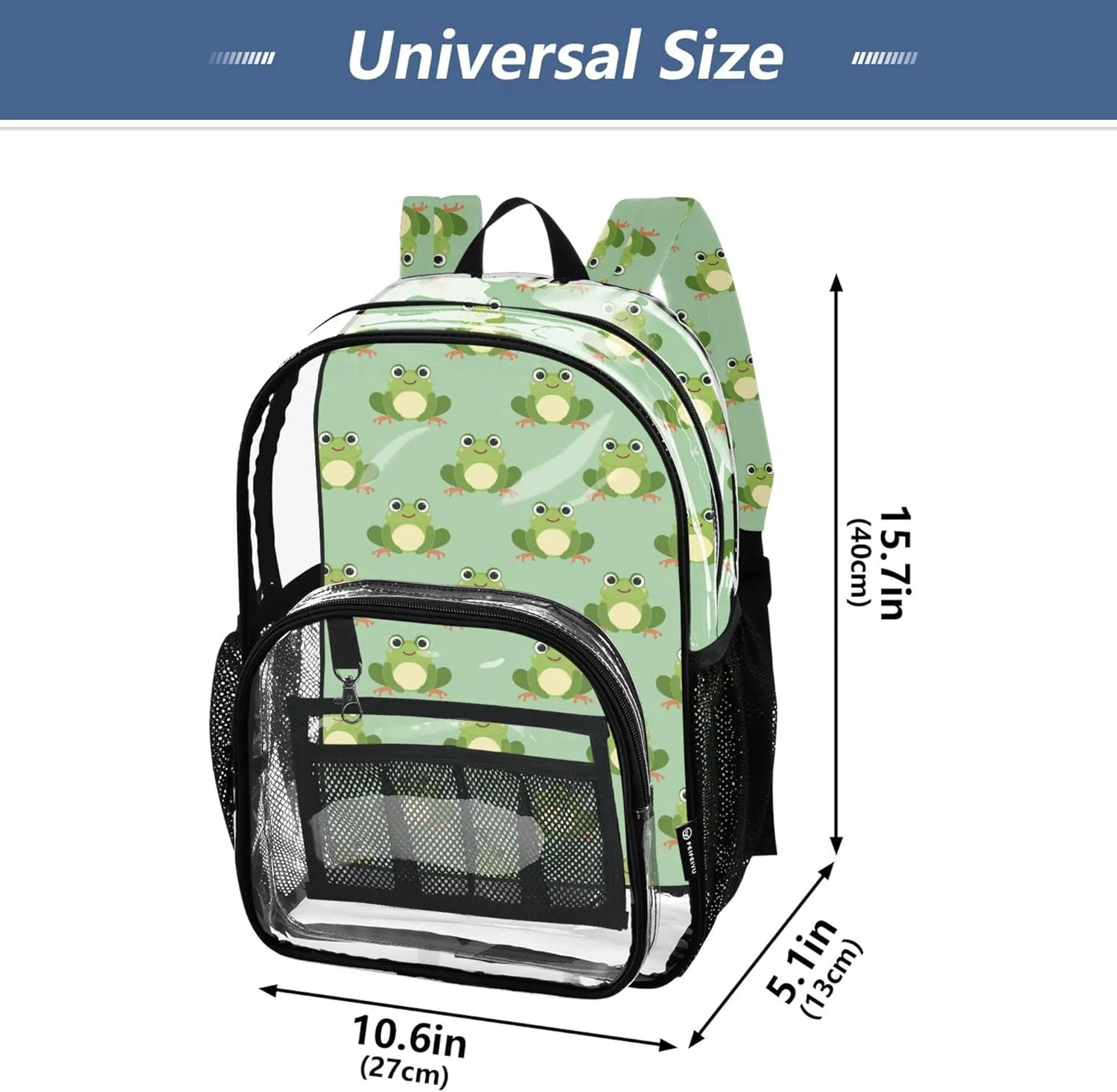 MNSRUU Large Clear Backpack for School Stadium Concerts Sports Events Cute Frog Transparent Heavy-Duty PVC Backpack with Adjustable Straps, See-Through Bag Multiple Compartments
