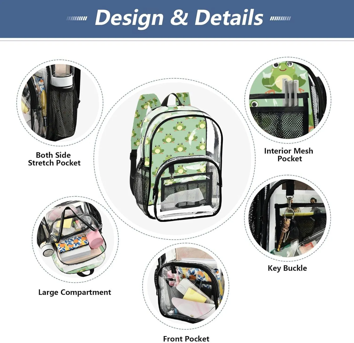 MNSRUU Large Clear Backpack for School Stadium Concerts Sports Events Cute Frog Transparent Heavy-Duty PVC Backpack with Adjustable Straps, See-Through Bag Multiple Compartments