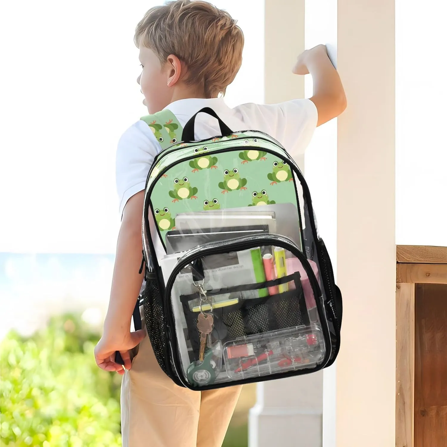 MNSRUU Large Clear Backpack for School Stadium Concerts Sports Events Cute Frog Transparent Heavy-Duty PVC Backpack with Adjustable Straps, See-Through Bag Multiple Compartments